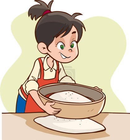 Vector illustration of cute child girl sifting flour