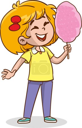 Illustration for NisanCute child eating sweet cotton candy on a stick. Flat vector design - Royalty Free Image
