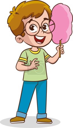 Illustration for NisanCute child eating sweet cotton candy on a stick. Flat vector design - Royalty Free Image