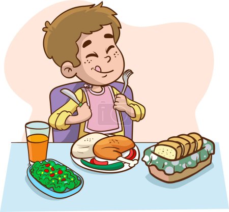 Ilustración de Niño hambriento feliz de comer ilustración vectorial - Imagen libre de derechos