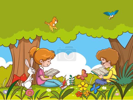 Ilustración de Ilustración vectorial de niños leyendo libros bajo los árboles - Imagen libre de derechos