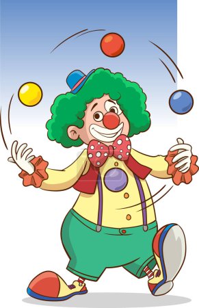 Ilustración de Dibujos animados de ilustración vectorial de un lindo payaso haciendo malabares con bolas de colores. - Imagen libre de derechos