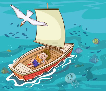 Illustration for Vector illustration of a boy reading a book on a boat and book cover design.education concept. - Royalty Free Image