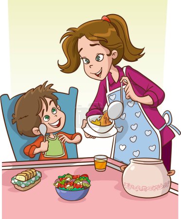 Illustration for Child eating and mother serving table.Mom feeding baby boy. Healthy food. - Royalty Free Image