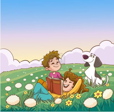 Ilustración de Ilustración vectorial de niños leyendo libro en el jardín - Imagen libre de derechos