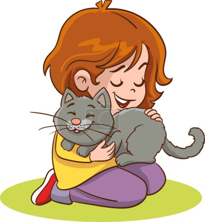 Illustration for Happy preschool girl kid embracing and patting cat. Smiling kid, holding adorable pet kitten. Child cartoon character with cat. Childhood domestic animal kitty. Flat vector isolated illustration - Royalty Free Image