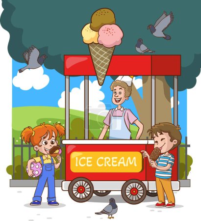 Téléchargez les illustrations : Illustration vectorielle de petits enfants achetant de la crème glacée à l'extérieur du chariot de crème glacée. - en licence libre de droit