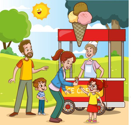 Illustration for Families buying ice cream in the park buy the ice cream sold on the truck - Royalty Free Image