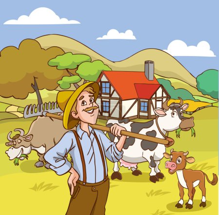 Téléchargez les illustrations : Illustration vectorielle du caractère cartoon d'un fermier heureux et de ses vaches dans une ferme rurale biologique - en licence libre de droit