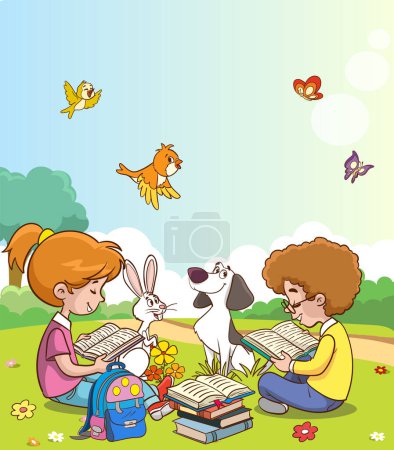 Ilustración de Cute children reading books in the park.education concept vector illustration - Imagen libre de derechos