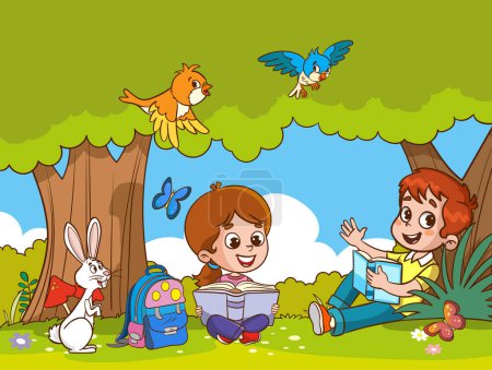 Ilustración de Lindos niños leyendo libros en el concepto park.education vector ilustración - Imagen libre de derechos