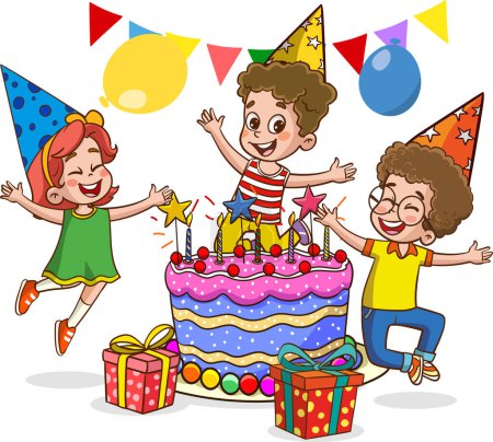 cute kids having fun at birthday party cartoon vector illustration