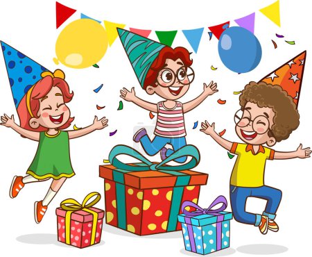 cute kids having fun at birthday party cartoon vector illustration