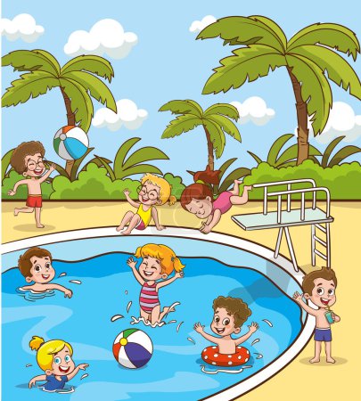 Téléchargez les illustrations : Les enfants dans la piscine du parc aquatique s'amusent.Été Activité de plein air Concept Dessin animé Illustration vectorielle - en licence libre de droit