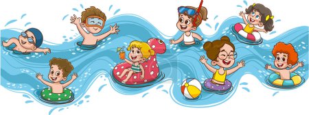 Téléchargez les illustrations : Mignons enfants s'amusant dans la piscine au camp d'été. Les enfants s'amusent dans la cour. Enfants jouant dans la piscine à l'extérieur. Activités de camp d'été avec éclaboussures d'eau. Contexte d'été. - en licence libre de droit