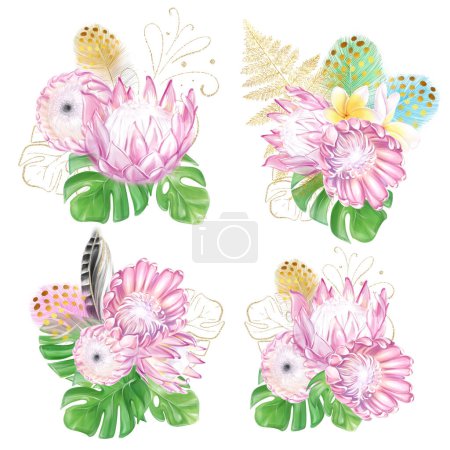 Set of watercolor tropical bouquets of pink protea, monstera and feathers. Romantic flowers. exotic design. luxury decor.