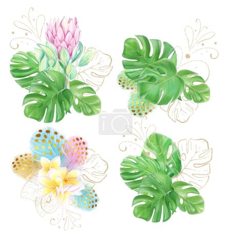 A set of watercolor illustrations, bouquets with colorful feathers and frangipani. Pink protea. Tropical flowers and monstera leaves. Hawaiian design. Exotic clipart. Luxury decor for invitations.