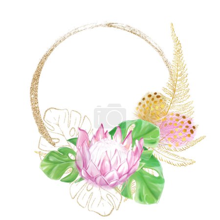Golden round tropical frame. Monstera leaves, pink protea. Exotic plants, luxury design for template.