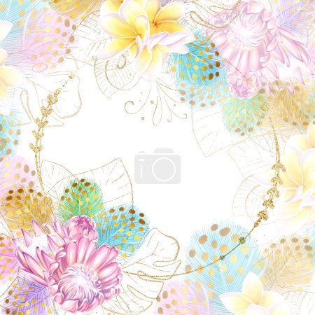 Round tropical frame with pink protea flowers and colorful feathers. Exotic plants, romantic, luxury template for design.