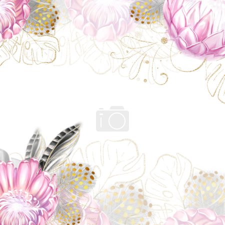 Square frame, pattern of pink protea tropical flowers. Exotic, luxury design. watercolor drawing.