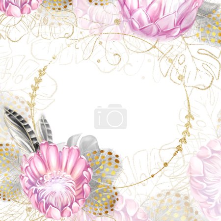 Round gold frame in exotic style with pink protea flowers and monstera leaves. Tropical, luxury design.