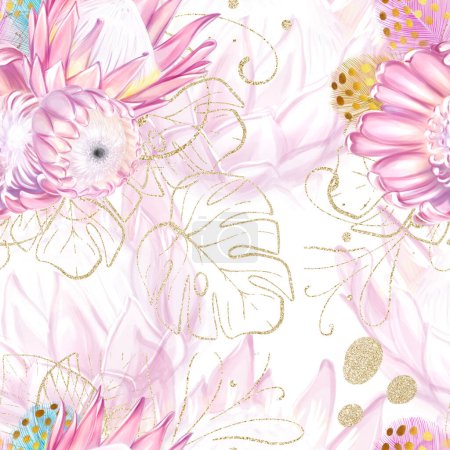 Seamless tropical pattern with pink protea buds, delicate flowers. Monstera golden leaves, feathers. Romantic luxury style. Watercolor drawing. Ideal for textiles, packaging, printing.