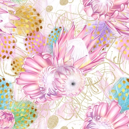 Seamless tropical pattern with pink protea flowers. Monstera golden leaves, feathers. Romantic luxury style. Watercolor drawing. Ideal for textiles, packaging, printing.