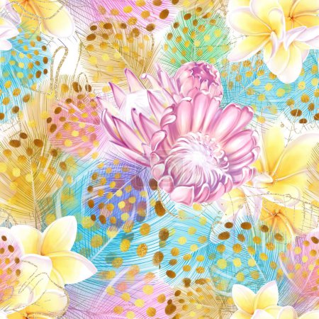 Seamless tropical pattern with pink protea flowers and colorful feathers. Watercolor drawing. luxury, romantic design. Ideal for printing, factory, scrapbooking