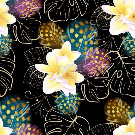 Seamless watercolor pattern with tropical white frangipania flowers, colorful feathers and golden monstera leaves on a black background. Luxury design. Ideal for textiles, packaging, printing.