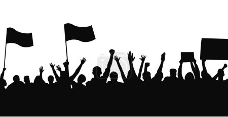 Illustration for Crowd people flags, banners. Sports, crowds, fans. Demonstrations strikes, revolutions silhouette - Royalty Free Image