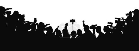 Illustration for Journalists Interviewing. Press conference reporters crowd. Crowd of people with video cameras - Royalty Free Image