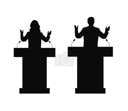 Illustration for Man and woman stand on the podium giving a presentation. Persuading Voters - Royalty Free Image