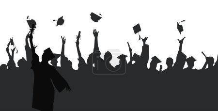 Illustration for Crowd of graduates in mantles, throwing up graduation caps. Graduated from university and college - Royalty Free Image
