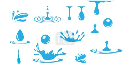 Conjunto azul de gotas, salpicaduras, gotas de pintura, agua de vertido, iconos de pulverización