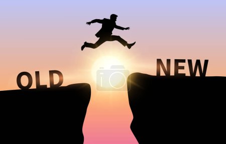 Illustration for Man jump on a cliff from old to new, concept of innovation and business improvement - Royalty Free Image