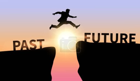 Illustration for Businessman jump on a cliff from past to future with with sunlight sky background - Royalty Free Image
