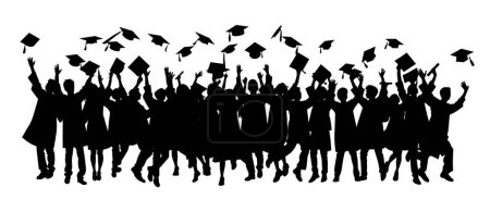 Crowd of graduates in mantles, throws up the square academic caps. Graduated student. Happy Graduation Activity Silhouettes