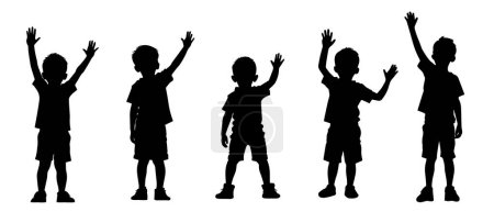 Grupo de niños felices bailando, niño levantando la mano