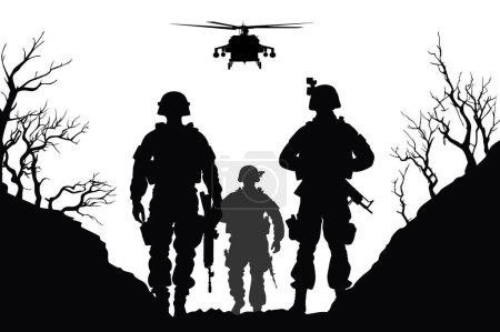 Ilustración de Soldados en el desempeño de la misión de combate, silueta de soldados están luchando en el campo de batalla ilustración vectorial - Imagen libre de derechos
