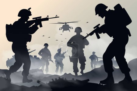 Soldados en el desempeño de la misión de combate, silueta de soldados están luchando en el campo de batalla ilustración vectorial