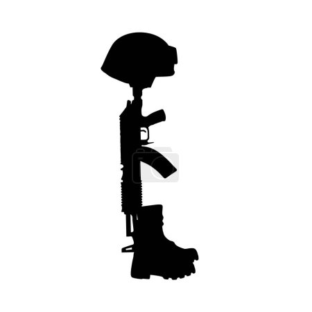 Illustration for Helmet Gun and Rifle in Combat Boots silhouette, fallen soldier symbol silhouette - Royalty Free Image