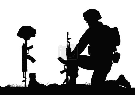 Illustration for Army soldier in sorrow for fallen comrade, standing on knee, leaning on rifle, look at Helmet Gun and Rifle in Combat Boots - Royalty Free Image
