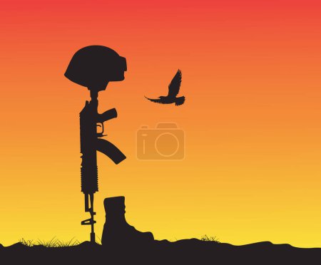 Illustration for Helmet Gun and Rifle in Combat Boots silhouette on sunset, fallen soldier symbol silhouette - Royalty Free Image