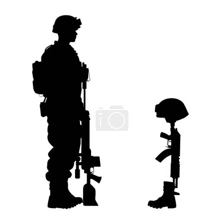 Illustration for Comrade lost friend on battlefield. Headstone fallen soldier vector silhouette illustration. Rifle in boots helmet - Royalty Free Image