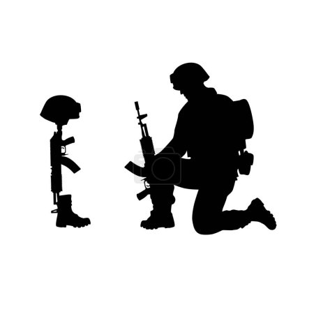 Illustration for Sad soldiers troop silhouette, Army soldier in sorrow for fallen comrade, standing on knee, leaning on rifle, look at Helmet Gun and Rifle in Combat Boots - Royalty Free Image