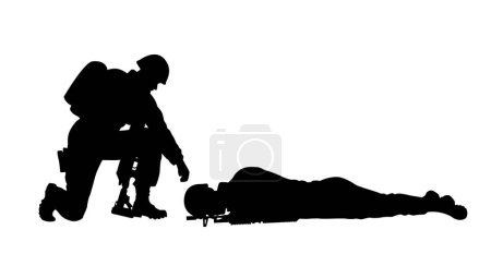 Illustration for Army soldier in sorrow for fallen comrade, Silhouette of Soldier Kneeling at Military War Memorial of Fallen Soldier - Royalty Free Image