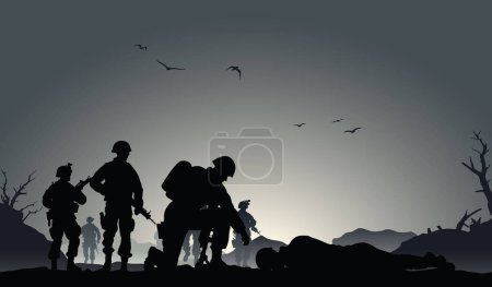 Illustration for Soldiers on the performance of the combat mission, soldiers looking fallen comrade, sad soldiers - Royalty Free Image