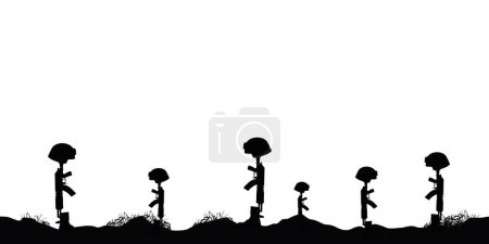 Illustration for Helmet Gun and Rifle in Combat Boots silhouette, fallen soldier symbol silhouette on the performance of the combat mission - Royalty Free Image