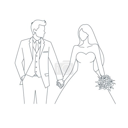 Happy wedding bride and groom at wedding ceremony. Beautiful wedding couple in wedding clothes, couple with beauty wedding bouquet line art
