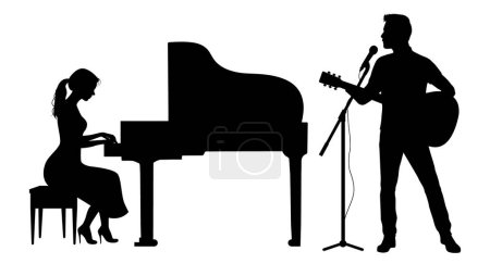 Music band with woman playing piano and man singing playing guitar